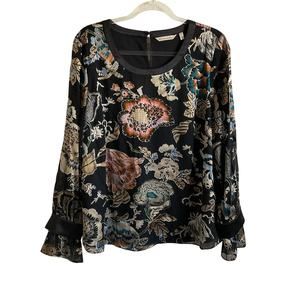 Soft Surroundings Deanna Floral Satin Trim‎ Textured Blouse - Large